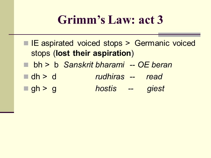 Grimm’s Law: act 3 IE aspirated voiced stops > Germanic voiced stops (lost Grimm’s Law: act 3 IE aspirated voiced stops > Germanic voiced stops (lost